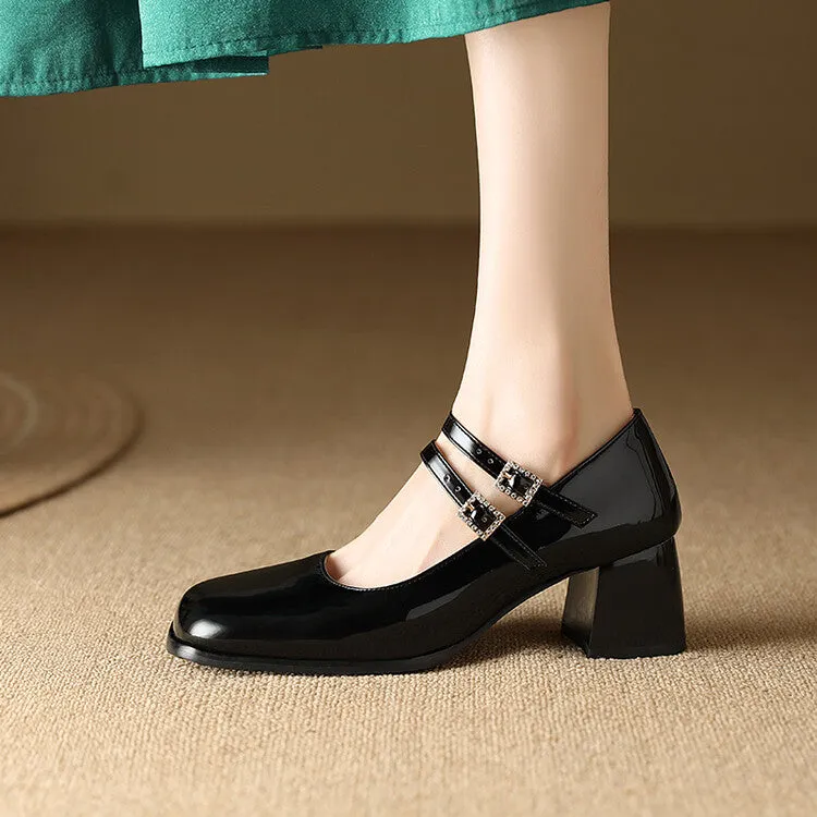Women's Rhinestone Buckle Straps Mary Janes Block Heel Pumps
