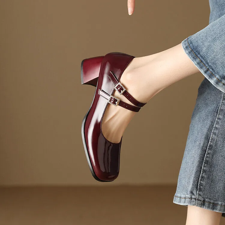 Women's Rhinestone Buckle Straps Mary Janes Block Heel Pumps