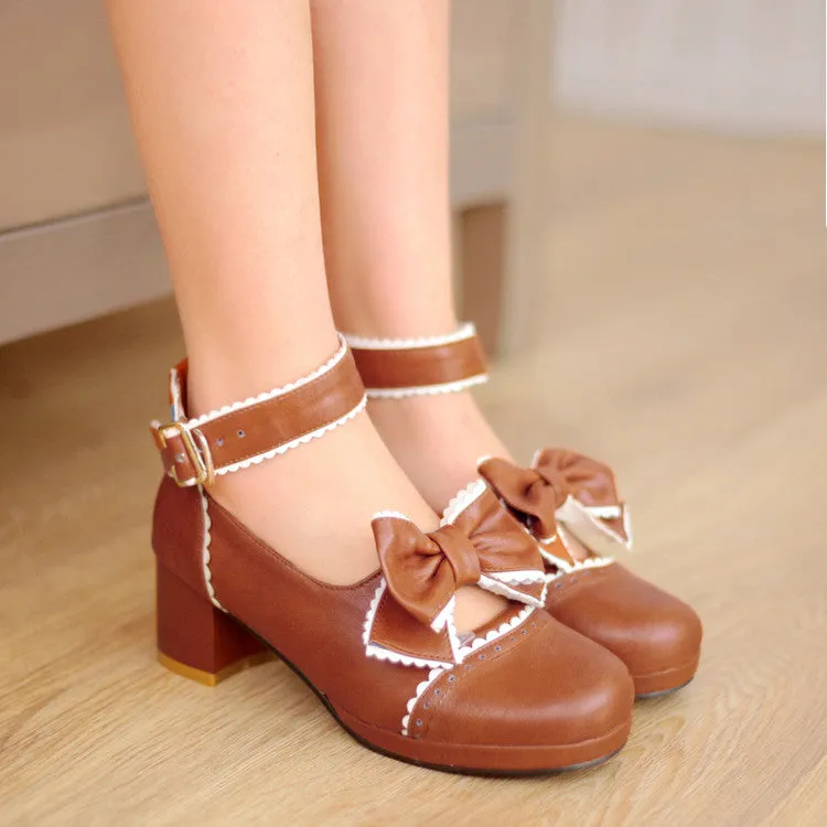 Women's Ruffles Bow Tie Shallow Block Heel Platform Pumps