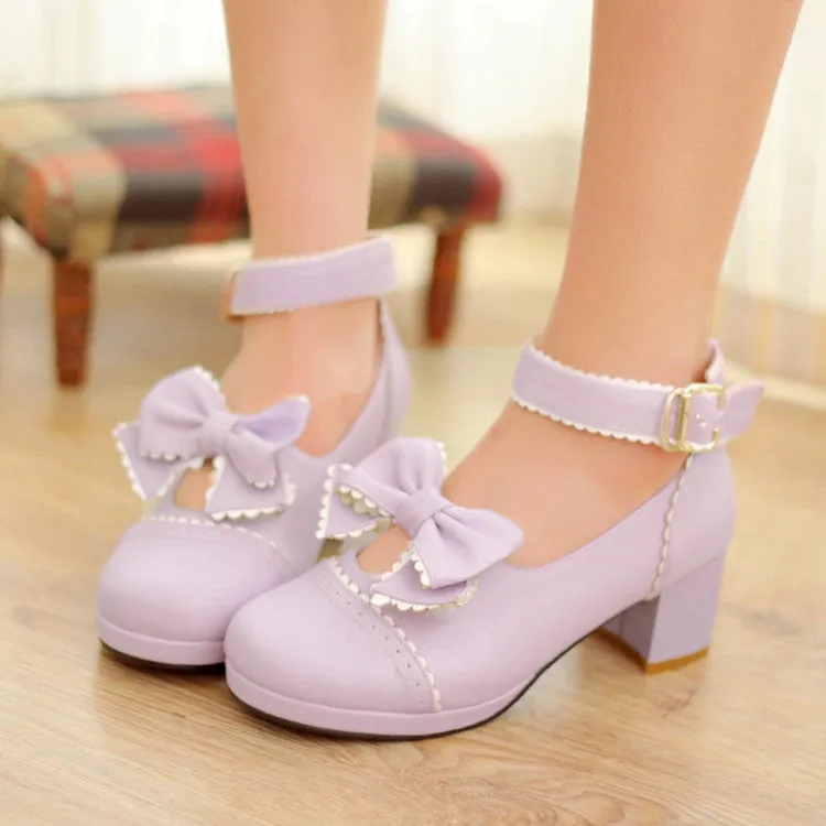 Women's Ruffles Bow Tie Shallow Block Heel Platform Pumps