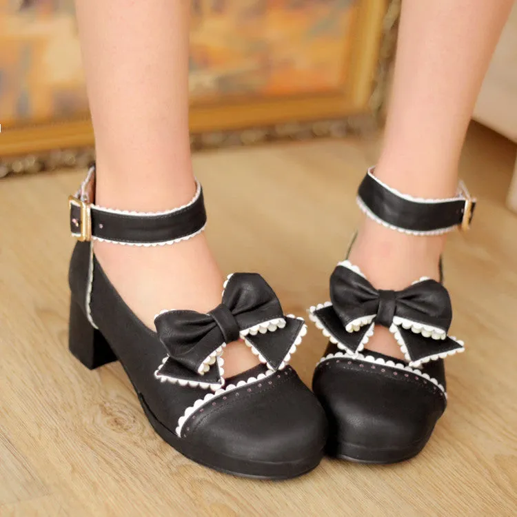 Women's Ruffles Bow Tie Shallow Block Heel Platform Pumps