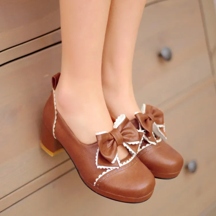 Women's Ruffles Bow Tie Shallow Block Heel Platform Pumps