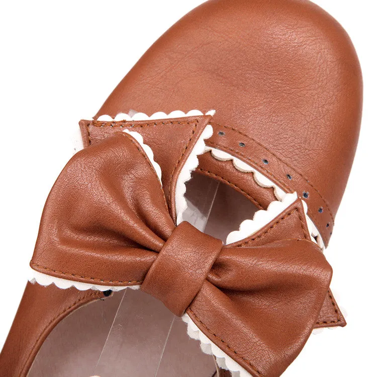 Women's Ruffles Bow Tie Shallow Block Heel Platform Pumps