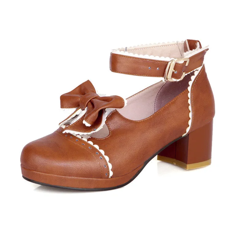 Women's Ruffles Bow Tie Shallow Block Heel Platform Pumps