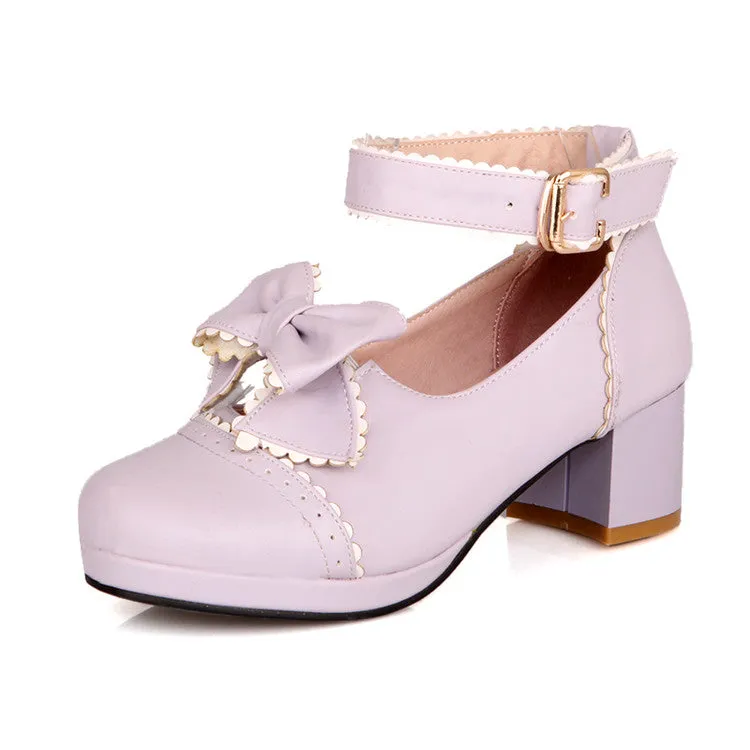 Women's Ruffles Bow Tie Shallow Block Heel Platform Pumps