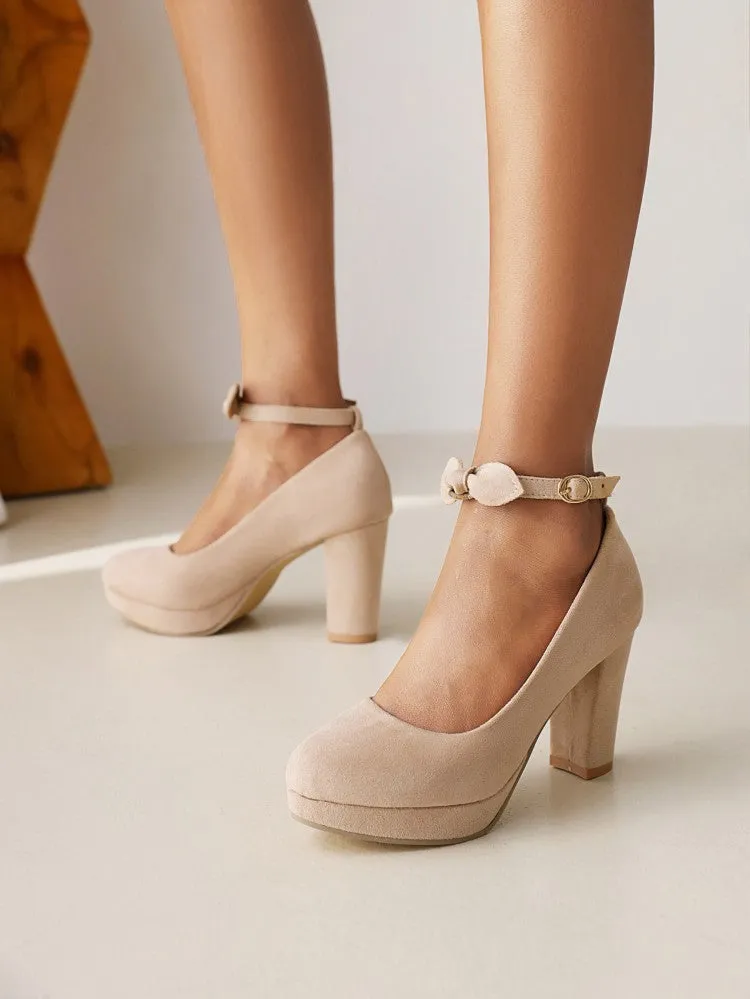 Women's Shallow Bow Tie Ankle Strap Block Heel Platform Pumps