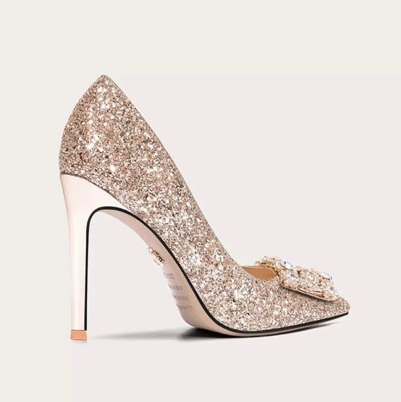 Women's Small Size Glitter Upper Rhinestone Buckle Heels MS354