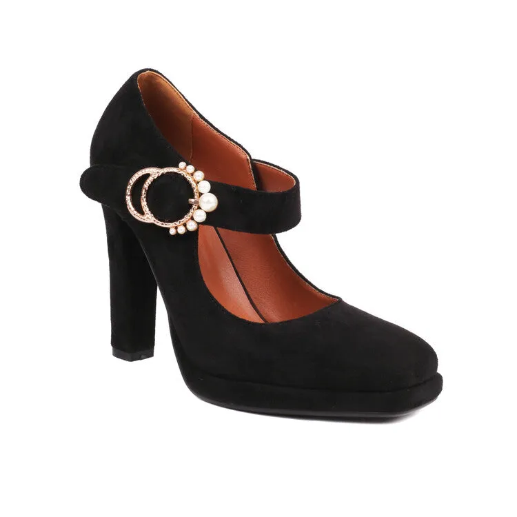 Women's Square Toe Pearls Chunky Heel Mary Jane Platform Pumps