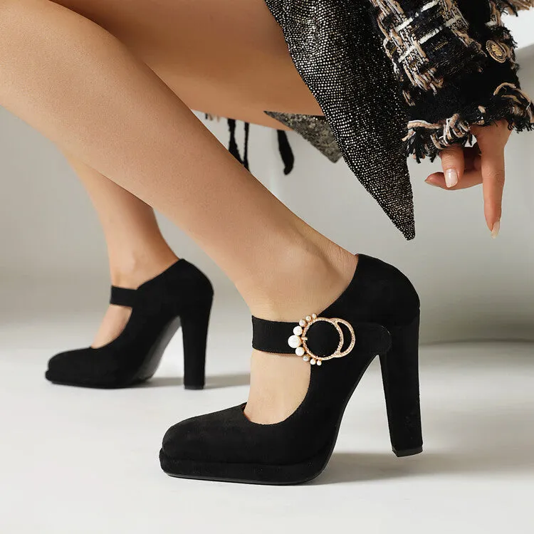 Women's Square Toe Pearls Chunky Heel Mary Jane Platform Pumps