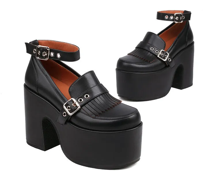 Women's Tassel Buckle Ankle Strap Block Heel Platform Pumps