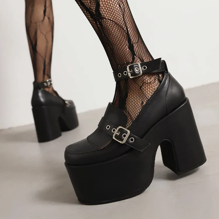 Women's Tassel Buckle Ankle Strap Block Heel Platform Pumps