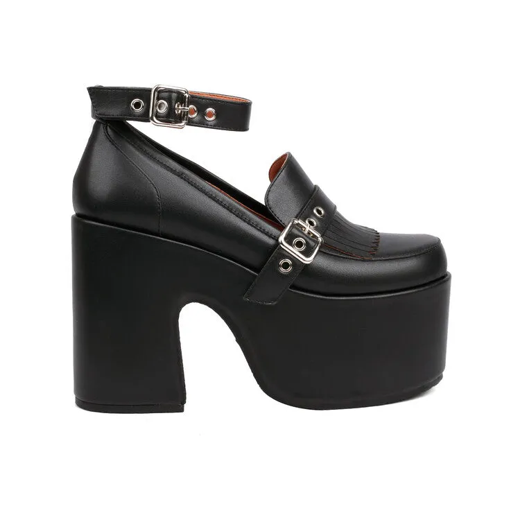 Women's Tassel Buckle Ankle Strap Block Heel Platform Pumps