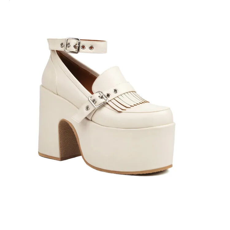 Women's Tassel Buckle Ankle Strap Block Heel Platform Pumps