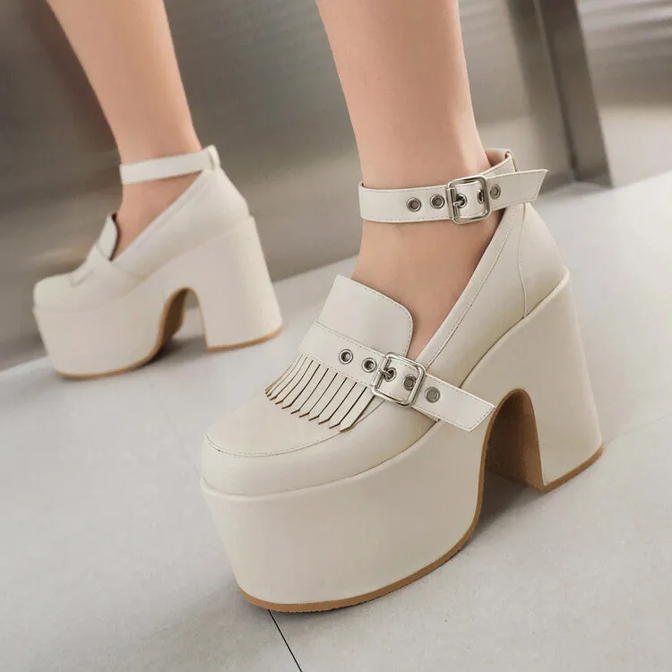 Women's Tassel Buckle Ankle Strap Block Heel Platform Pumps