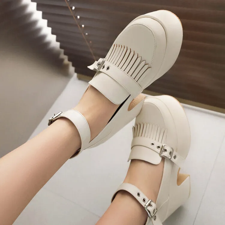 Women's Tassel Buckle Ankle Strap Block Heel Platform Pumps