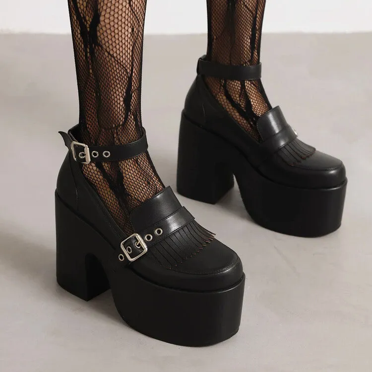 Women's Tassel Buckle Ankle Strap Block Heel Platform Pumps