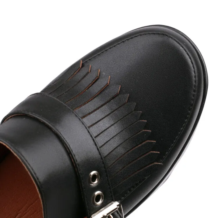 Women's Tassel Buckle Ankle Strap Block Heel Platform Pumps