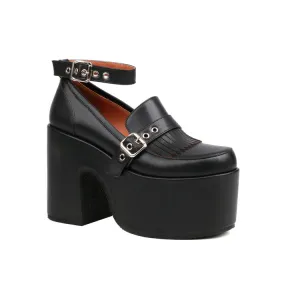 Women's Tassel Buckle Ankle Strap Block Heel Platform Pumps