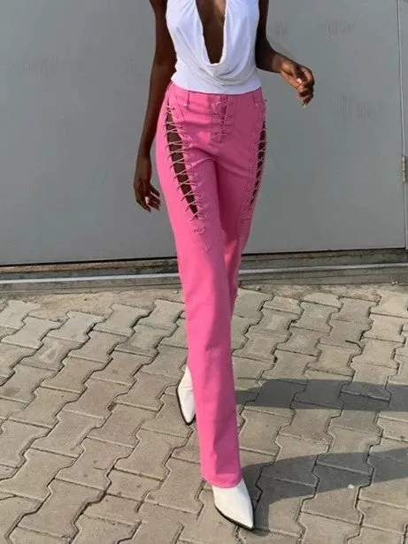 Y2k PU leather pants with cutout detail