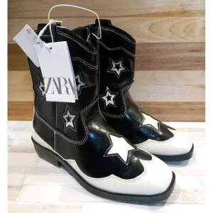 Zara Girls Black White Star Western High Ankle boots Size 13.5‎