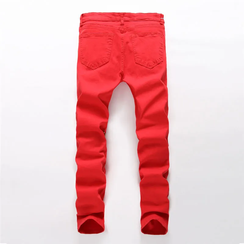 Zipper Elasticity Mid Waist Jeans Straight Pants Skinny Men's Jeans