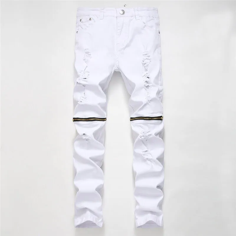 Zipper Elasticity Mid Waist Jeans Straight Pants Skinny Men's Jeans